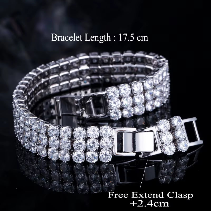 3 Row White Gold Plated round Shiny Tennis Cubic Zirconia Stone Paved Luxury Big Wide Bridal Bracelets for Women Wedding Jewelry