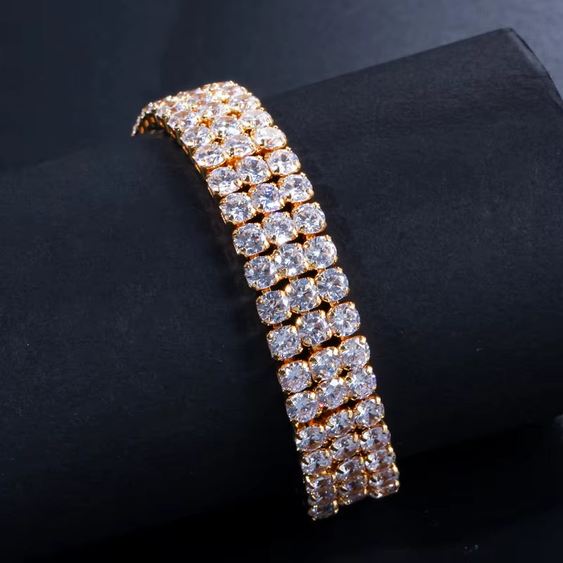 3 Row White Gold Plated round Shiny Tennis Cubic Zirconia Stone Paved Luxury Big Wide Bridal Bracelets for Women Wedding Jewelry
