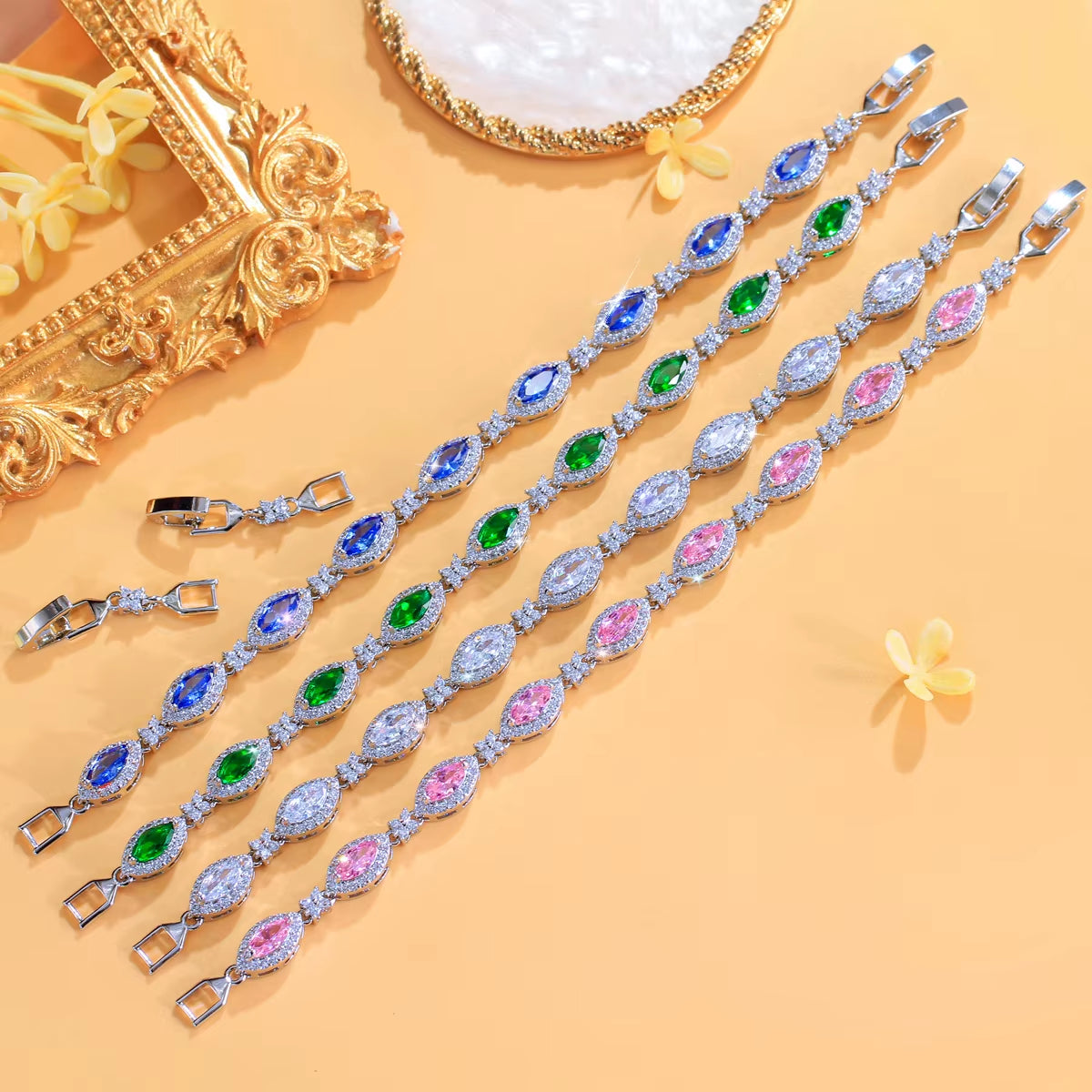 Europe America New Trendy Cubic Zirconia Marquise Cut Flowers Tennis Link Bracelet for Women Men Wedding Party Luxury Jewelry