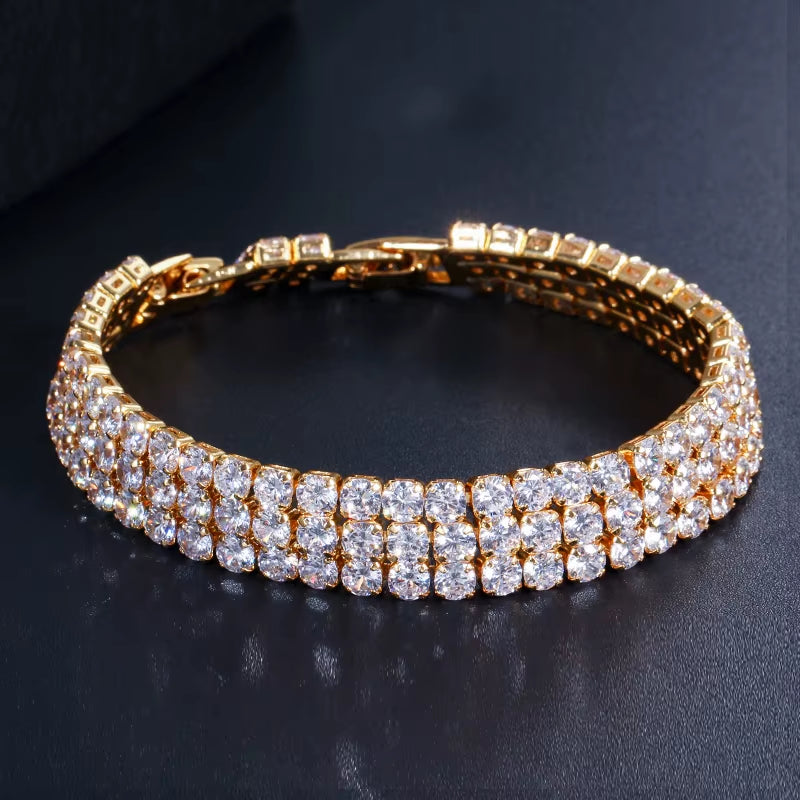 3 Row White Gold Plated round Shiny Tennis Cubic Zirconia Stone Paved Luxury Big Wide Bridal Bracelets for Women Wedding Jewelry