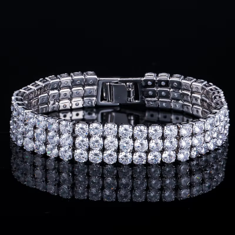 3 Row White Gold Plated round Shiny Tennis Cubic Zirconia Stone Paved Luxury Big Wide Bridal Bracelets for Women Wedding Jewelry